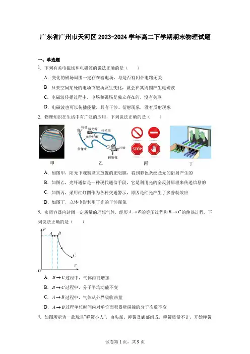 广东省广州市天河区2023-2024学年高二下学期期末物理试题