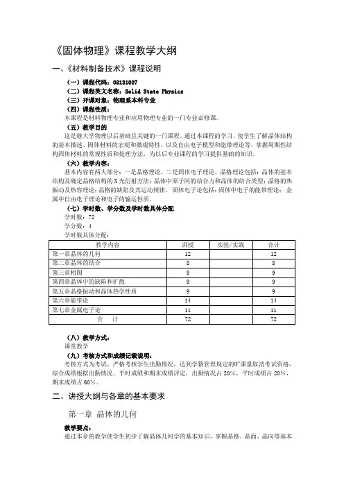 固体物理课程教学大纲