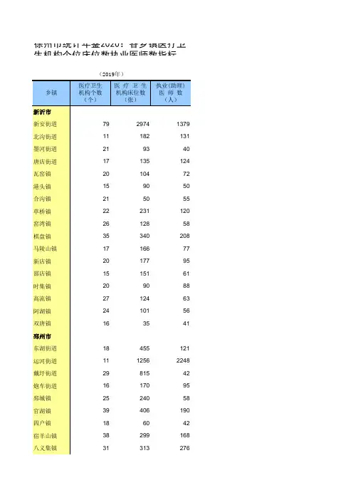 徐州市统计年鉴2020：各乡镇医疗卫生机构个位床位数执业医师数指标(新沂邳州市