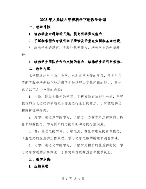 2023年大象版六年级科学下册教学计划