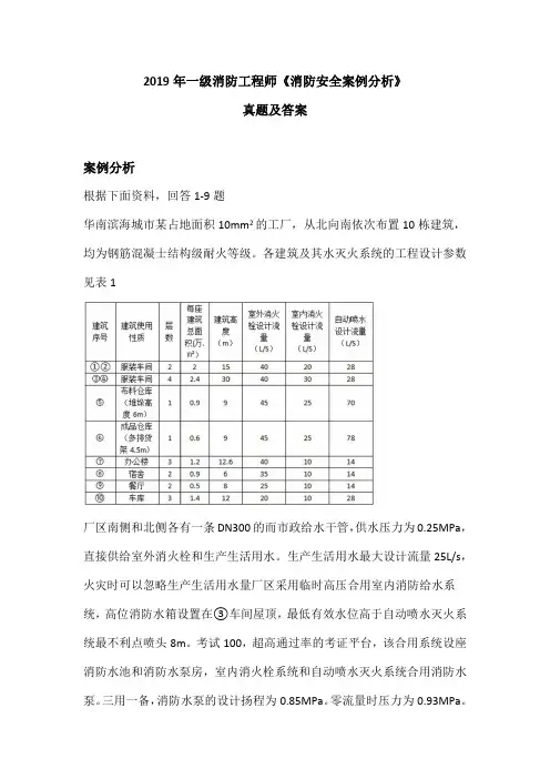 2019年一级消防工程师《消防安全案例分析》真题及答案