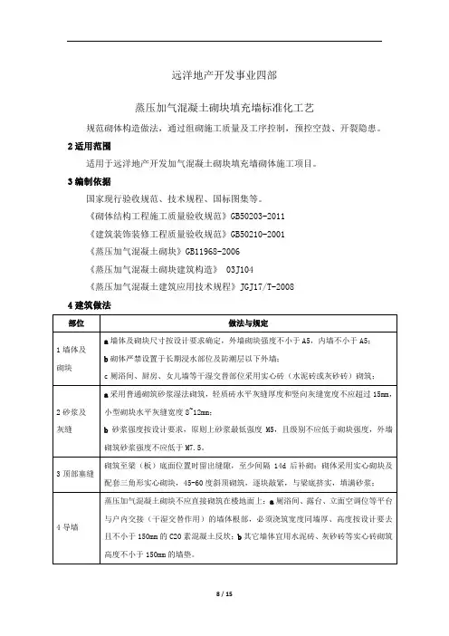 远洋地产蒸压加气混凝土砌块填充墙标准化工艺概论