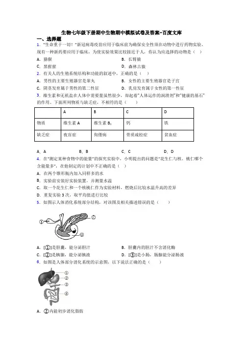生物七年级下册期中生物期中模拟试卷及答案-百度文库
