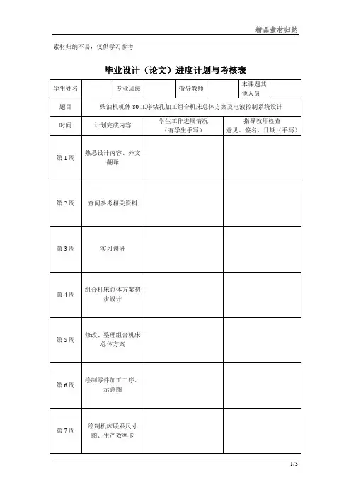 机械工程毕业设计(论文)进度计划与考核表模板