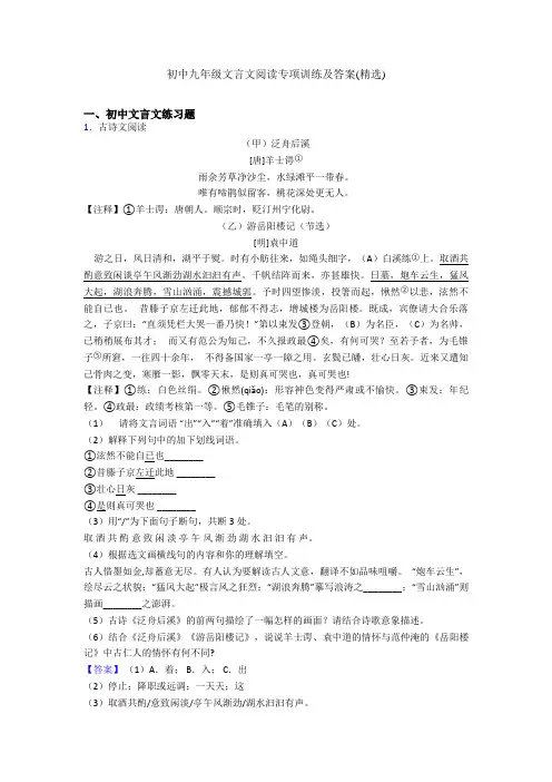 初中九年级文言文阅读专项训练及答案(精选)