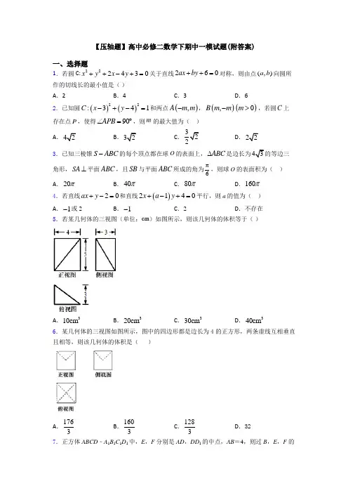 【压轴题】高中必修二数学下期中一模试题(附答案)