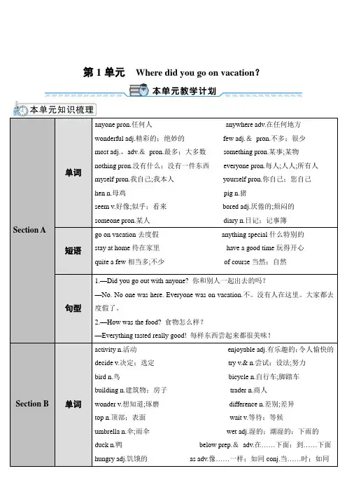 最新人教新目标八年级上册英语Unit 1  Where did you go   on vacation全单元导学案