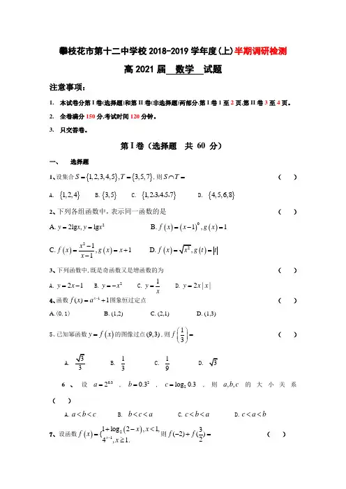 四川省攀枝花市第十二中学2018-2019学年高一上学期半期调研检测数学试题