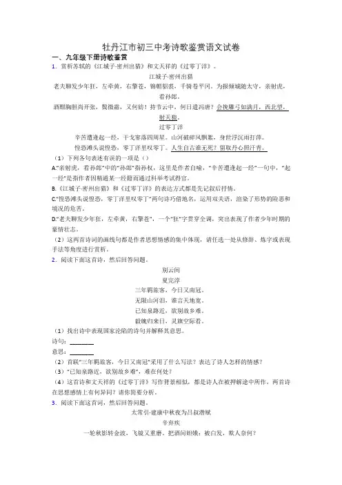 牡丹江市初三中考诗歌鉴赏语文试卷