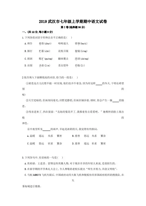 武汉市七年级上学期期中语文试卷