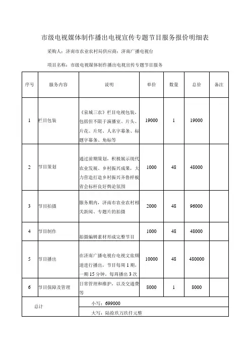 市级电视媒体制作播出电视宣传专题节目服务报价明细表