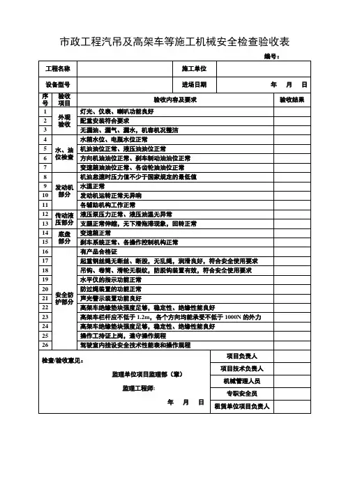 市政工程汽吊及高架车等施工机械安全检查验收表
