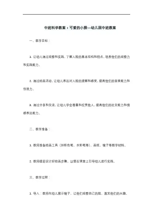 中班科学教案：可爱的小脸—幼儿园中班教案