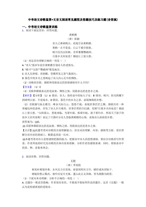 中考语文诗歌鉴赏+文言文阅读常见题型及答题技巧及练习题(含答案)