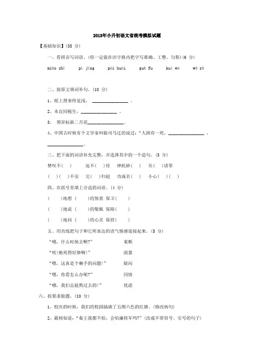 2013小升初语文省统考模拟试题试卷