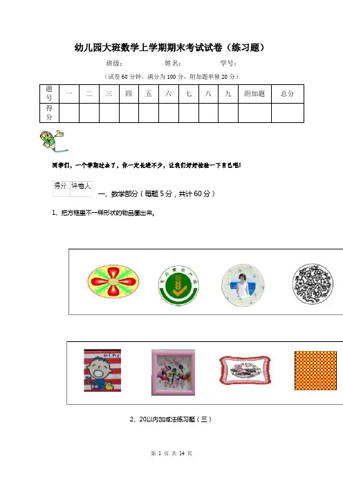 幼儿园大班数学上学期期末考试试卷(练习题)