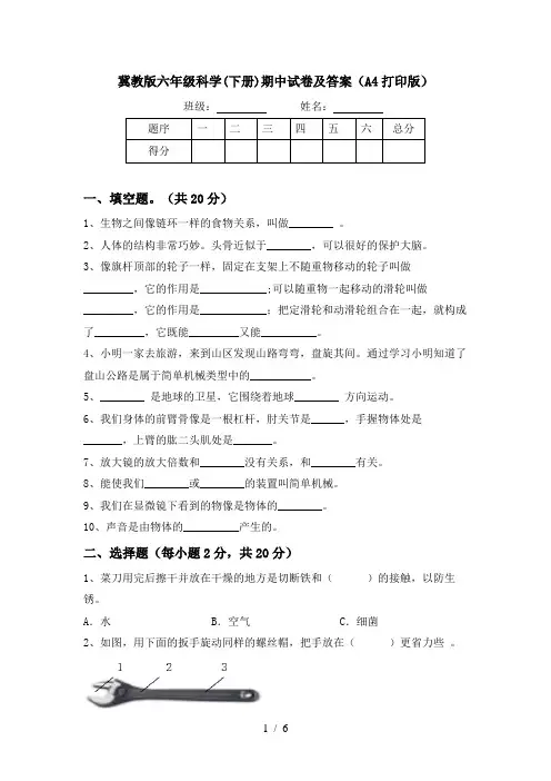 冀教版六年级科学(下册)期中试卷及答案(A4打印版)