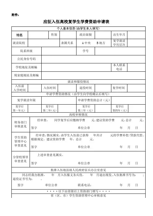 退役士兵复学学费资助申请表
