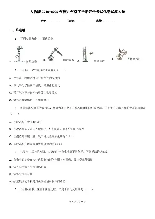 人教版2019-2020年度九年级下学期开学考试化学试题A卷
