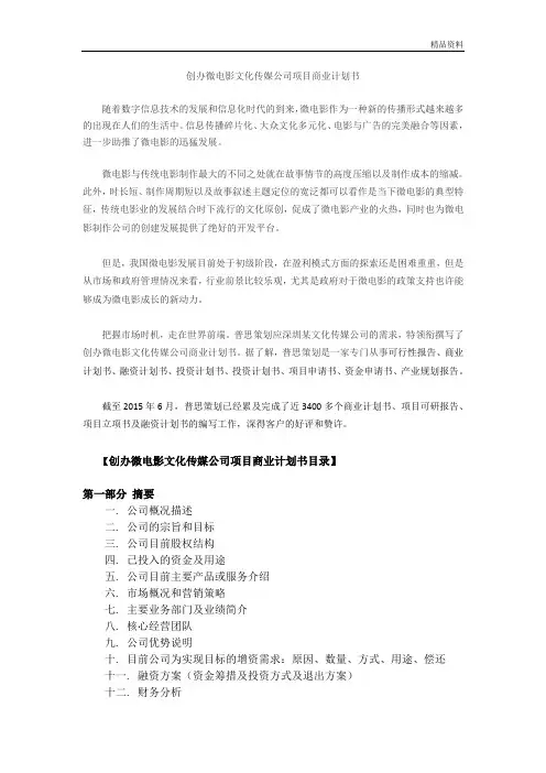 创办微电影文化传媒公司商业计划书