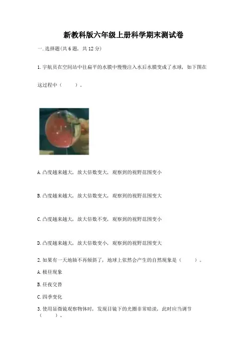 新教科版六年级上册科学期末测试卷附参考答案【精练】