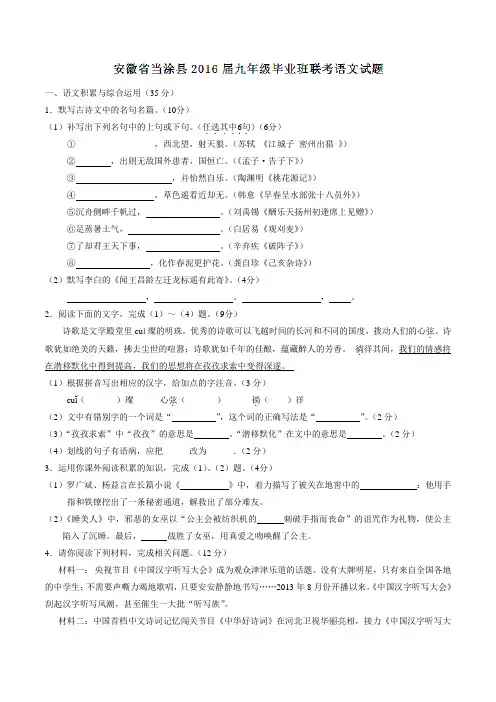 安徽省当涂县2016届九年级毕业班联考语文试题(原卷版)