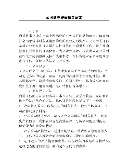 公司商誉评估报告范文