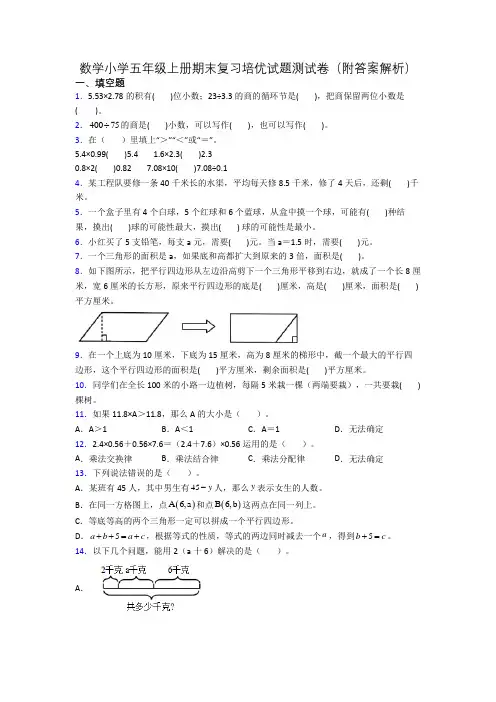 数学小学五年级上册期末复习培优试题测试卷(附答案解析)