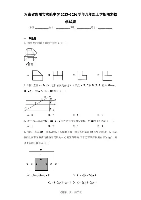 河南省郑州市实验中学2023-2024学年九年级上学期期末数学试题