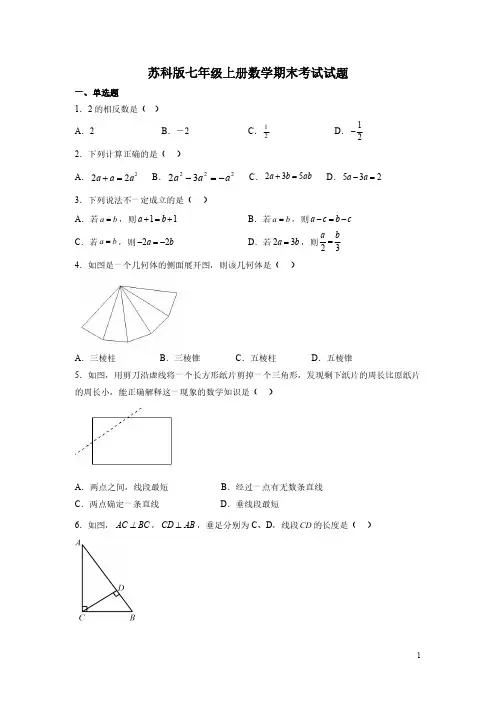苏科版七年级上册数学期末考试试卷带答案