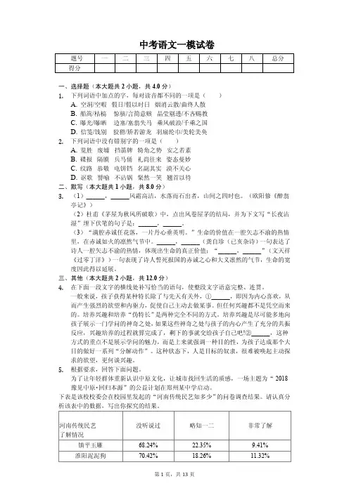 河南省2020年中考语文一模试卷解析版