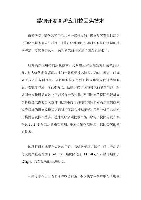 攀钢开发高炉应用捣固焦技术