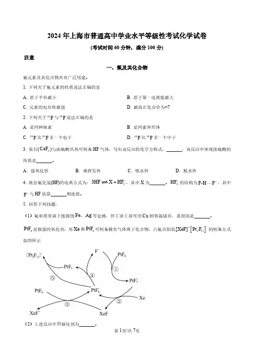 2024年上海市等级考化学试题(原卷+解析)