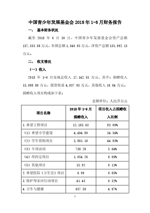 中国青少年发展基金会2018年1-6月财务报告