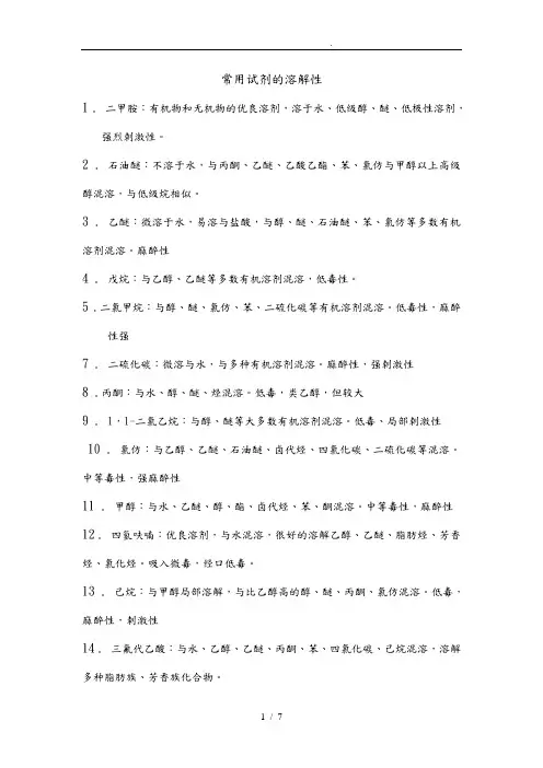 常用试剂的溶解性