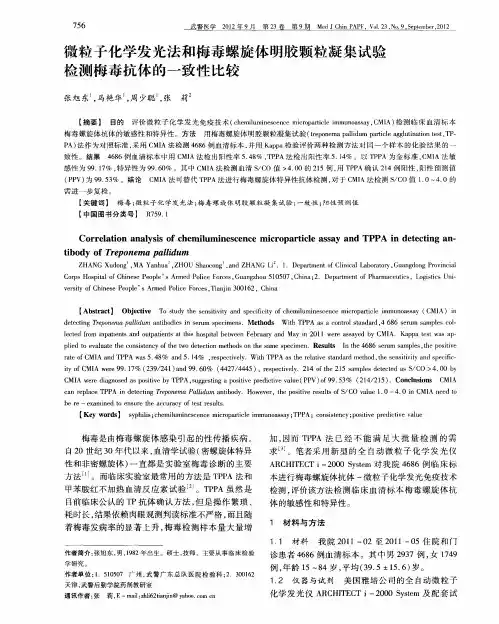 微粒子化学发光法和梅毒螺旋体明胶颗粒凝集试验检测梅毒抗体的一致性比较