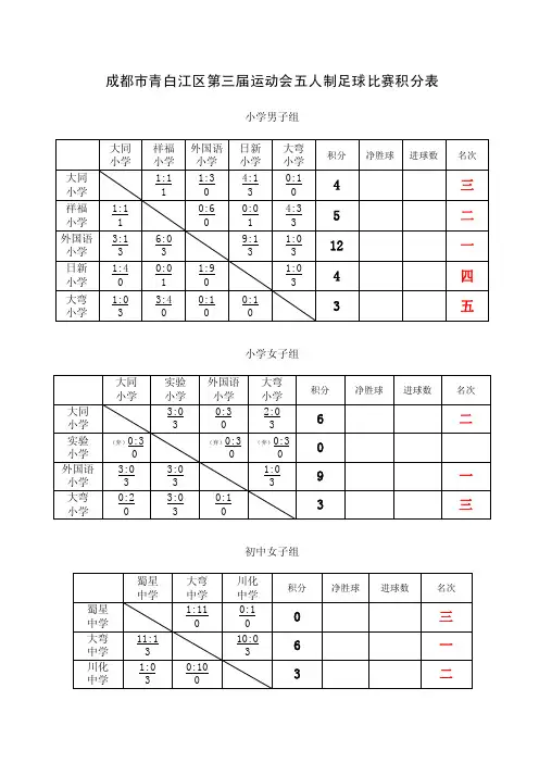 成都市青白江区第三届运动会五人制足球比赛积分表