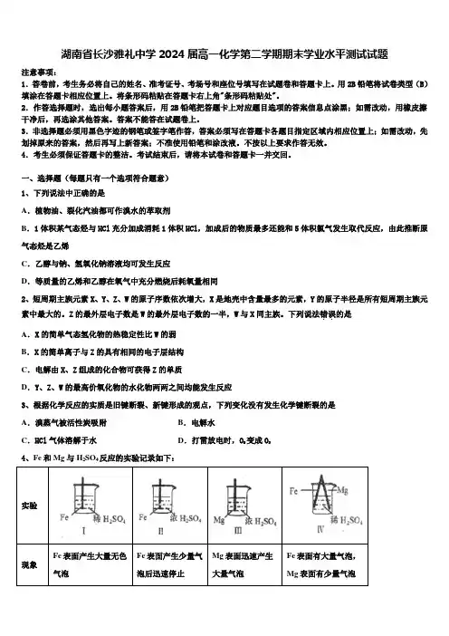 湖南省长沙雅礼中学2024届高一化学第二学期期末学业水平测试试题含解析