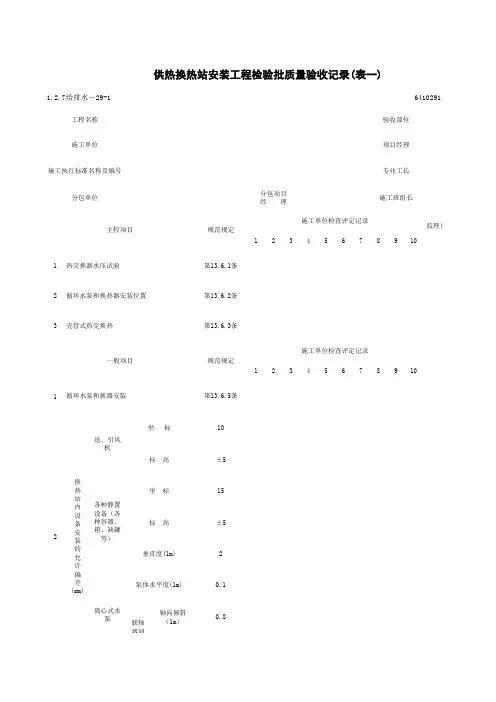 1-2-7给排水-29-1_供热换热站安装工程检验批质量验收记录(表一)