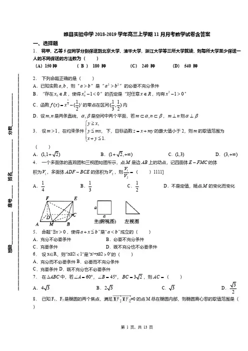 睢县实验中学2018-2019学年高三上学期11月月考数学试卷含答案