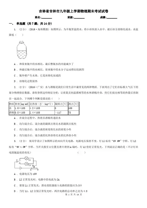 吉林省吉林市九年级上学期物理期末考试试卷