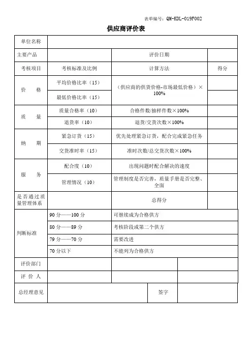 供应商评价表