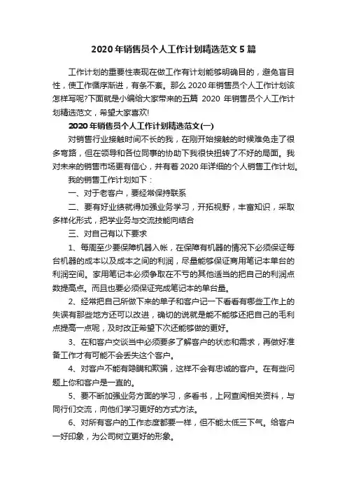 2020年销售员个人工作计划精选范文5篇