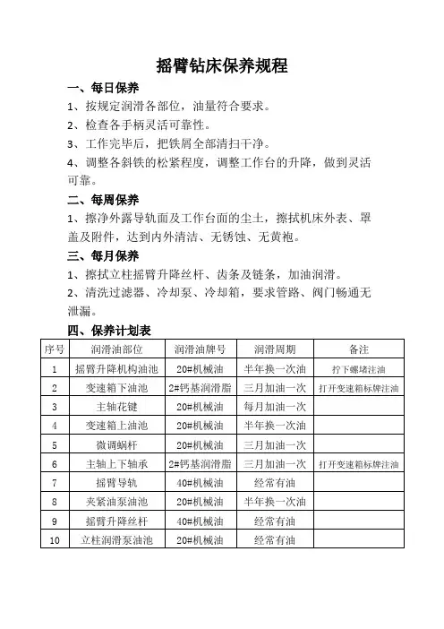摇臂钻床保养规程