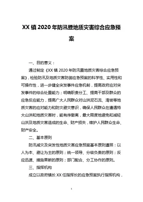 XX镇2020年防汛暨地质灾害综合应急预案
