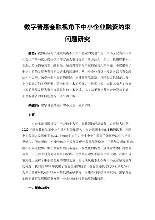 数字普惠金融视角下中小企业融资约束问题研究