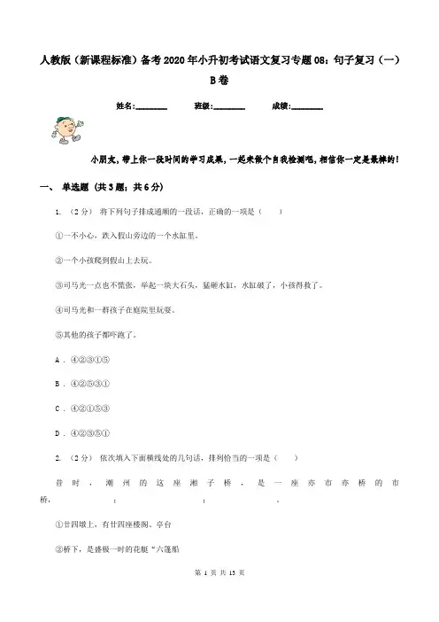 人教版(新课程标准)备考2020年小升初考试语文复习专题08：句子复习(一)B卷