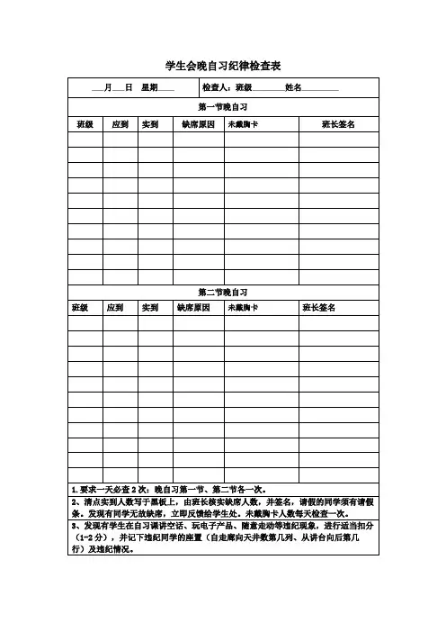 学生会晚自习纪律检查表