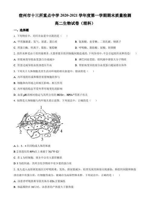 安徽省宿州市十三所省重点中学2020-2021学年高二上学期期末考试生物试题 Word版含答案