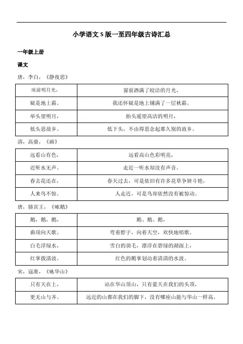 小学语文S版一至四年级古诗汇总